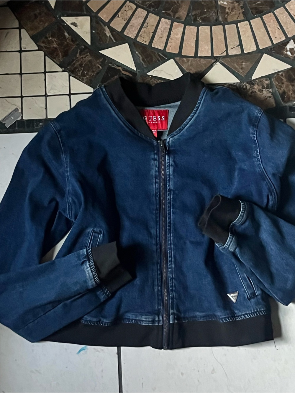 GUESS Women's Dark Blue Denim Bomber Jacket